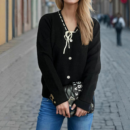 Autumn Knitted Sweater Women - Long Sleeve Casual Lace-up Button Decorated Pullover