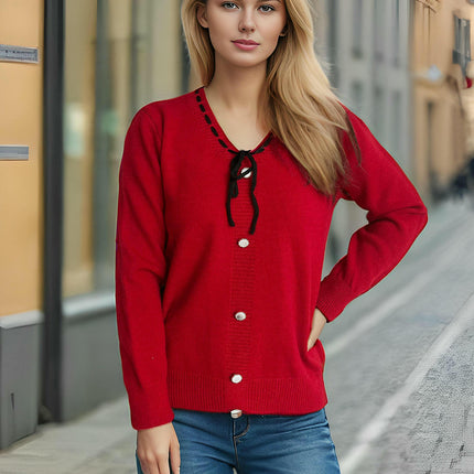 Autumn Knitted Sweater Women - Long Sleeve Casual Lace-up Button Decorated Pullover