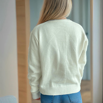 Women's Casual Round Neck Solid Color Cardigan Bow Jacquard Beaded Knitted Sweater Jacket