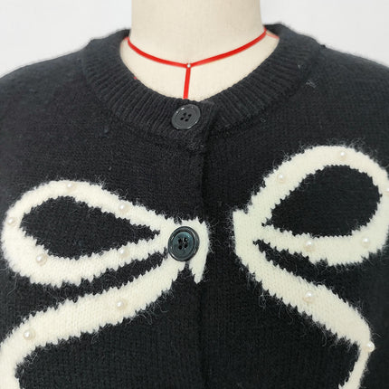 Women's Casual Round Neck Solid Color Cardigan Bow Jacquard Beaded Knitted Sweater Jacket