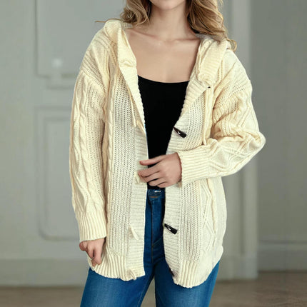 Casual Loose Women's Cardigan Hooded Solid Color Cable Knitted Sweater Jacket