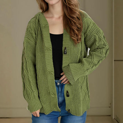 Casual Loose Women's Cardigan Hooded Solid Color Cable Knitted Sweater Jacket