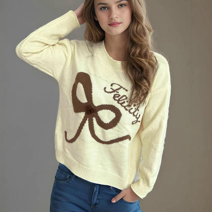 Stitched Bowknot Women's Pullover Round Neck Casual Long Sleeve Knitted Sweater