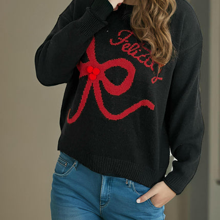 Stitched Bowknot Women's Pullover Round Neck Casual Long Sleeve Knitted Sweater