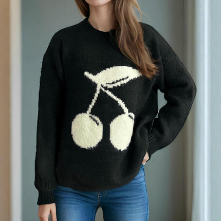 Winter Cherry Jacquard Women's Sweater Round Neck Long Sleeve Loose Knit Cardigan