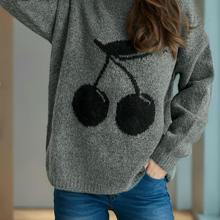 Winter Cherry Jacquard Women's Sweater Round Neck Long Sleeve Loose Knit Cardigan