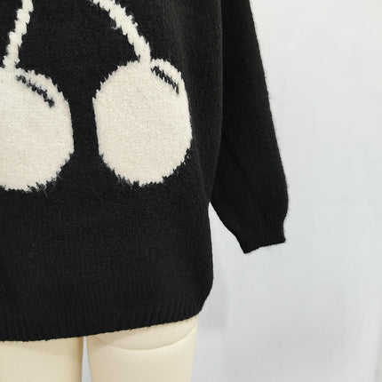Winter Cherry Jacquard Women's Sweater Round Neck Long Sleeve Loose Knit Cardigan