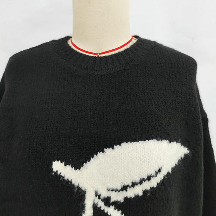 Winter Cherry Jacquard Women's Sweater Round Neck Long Sleeve Loose Knit Cardigan