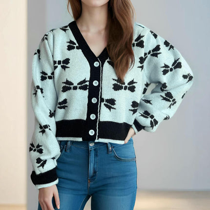 Short Fashion Women's Sweater V-neck Splicing Jacquard Lazy Loose Knitted Cardigan Jacket