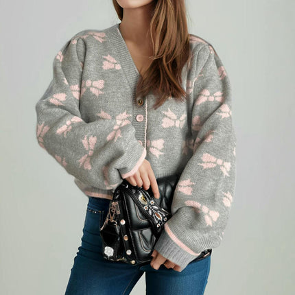 Short Fashion Women's Sweater V-neck Splicing Jacquard Lazy Loose Knitted Cardigan Jacket
