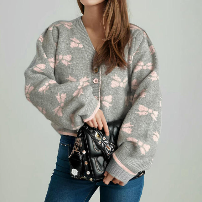 Short Fashion Women's Sweater V-neck Splicing Jacquard Lazy Loose Knitted Cardigan Jacket