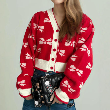 Short Fashion Women's Sweater V-neck Splicing Jacquard Lazy Loose Knitted Cardigan Jacket