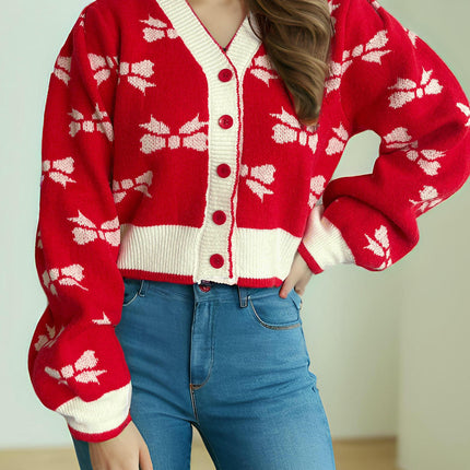 Short Fashion Women's Sweater V-neck Splicing Jacquard Lazy Loose Knitted Cardigan Jacket