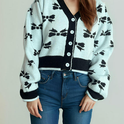 Short Fashion Women's Sweater V-neck Splicing Jacquard Lazy Loose Knitted Cardigan Jacket