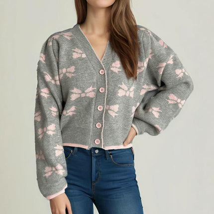 Short Fashion Women's Sweater V-neck Splicing Jacquard Lazy Loose Knitted Cardigan Jacket