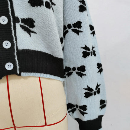 Short Fashion Women's Sweater V-neck Splicing Jacquard Lazy Loose Knitted Cardigan Jacket