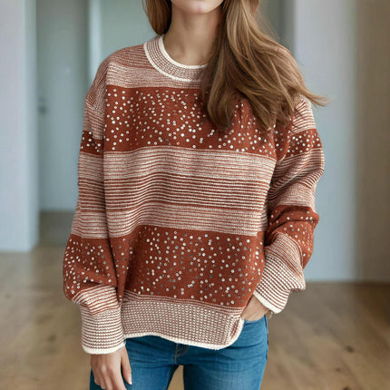 Women's Sweater Round Neck Contrast Stripe Sequin Casual Loose Pullover Cardigan