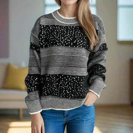 Women's Sweater Round Neck Contrast Stripe Sequin Casual Loose Pullover Cardigan