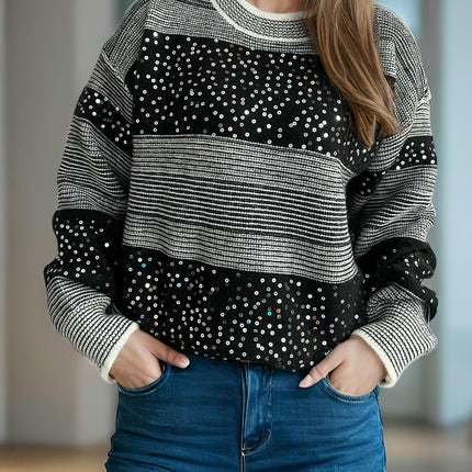 Women's Sweater Round Neck Contrast Stripe Sequin Casual Loose Pullover Cardigan