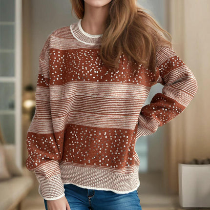 Women's Sweater Round Neck Contrast Stripe Sequin Casual Loose Pullover Cardigan