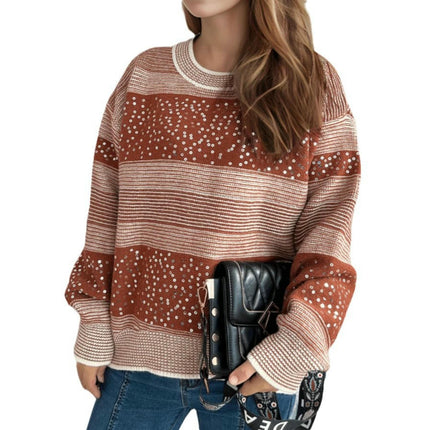 Women's Sweater Round Neck Contrast Stripe Sequin Casual Loose Pullover Cardigan