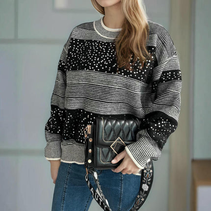 Women's Sweater Round Neck Contrast Stripe Sequin Casual Loose Pullover Cardigan