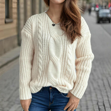 Winter Solid Color Long Sleeve Sweater for Women V-neck Twist Loose Pullover Sweater