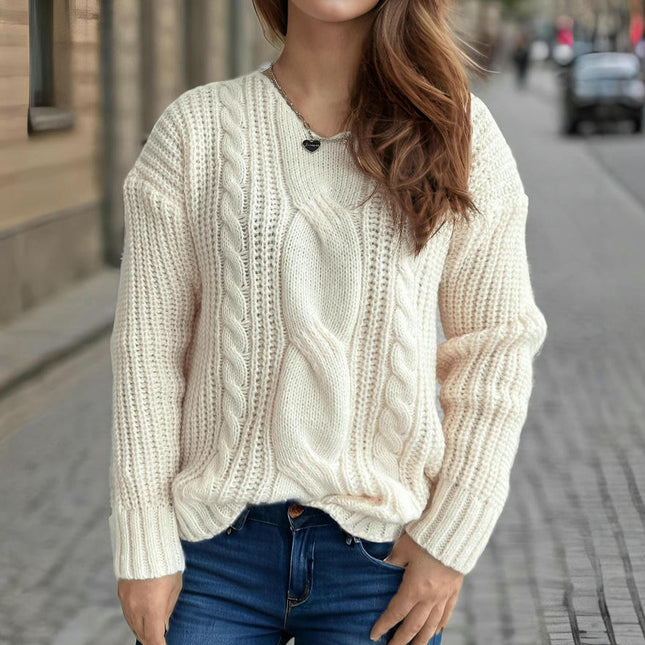 Winter Solid Color Long Sleeve Sweater for Women V-neck Twist Loose Pullover Sweater