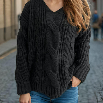 Winter Solid Color Long Sleeve Sweater for Women V-neck Twist Loose Pullover Sweater