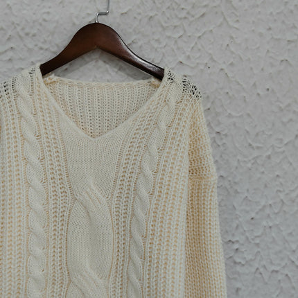 Winter Solid Color Long Sleeve Sweater for Women V-neck Twist Loose Pullover Sweater