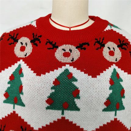Autumn and Winter Christmas Sweater Women's Round Neck Contrast Jacquard Sweater