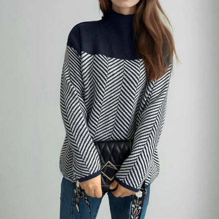 Women's Contrast Color Stitching Sweater High Collar Loose Lazy Knitted Top