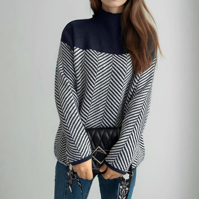 Women's Contrast Color Stitching Sweater High Collar Loose Lazy Knitted Top