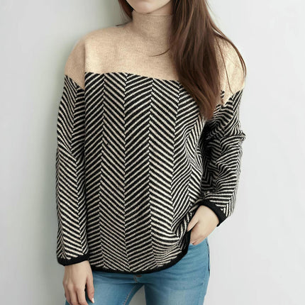 Women's Contrast Color Stitching Sweater High Collar Loose Lazy Knitted Top