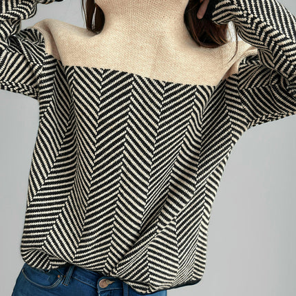 Women's Contrast Color Stitching Sweater High Collar Loose Lazy Knitted Top
