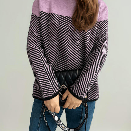 Women's Contrast Color Stitching Sweater High Collar Loose Lazy Knitted Top