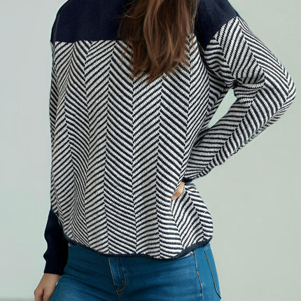 Women's Contrast Color Stitching Sweater High Collar Loose Lazy Knitted Top