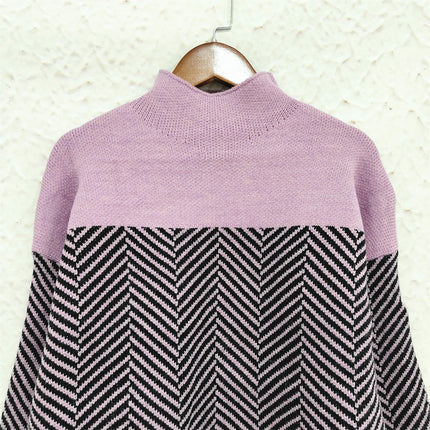 Women's Contrast Color Stitching Sweater High Collar Loose Lazy Knitted Top