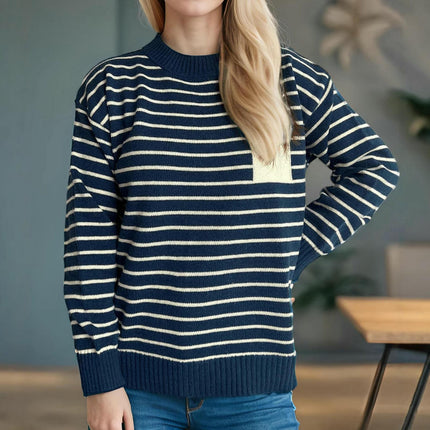 Women's Casual Stitching Striped Sweater Round Neck Long Sleeve Pullover Top