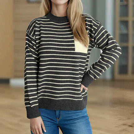 Women's Casual Stitching Striped Sweater Round Neck Long Sleeve Pullover Top