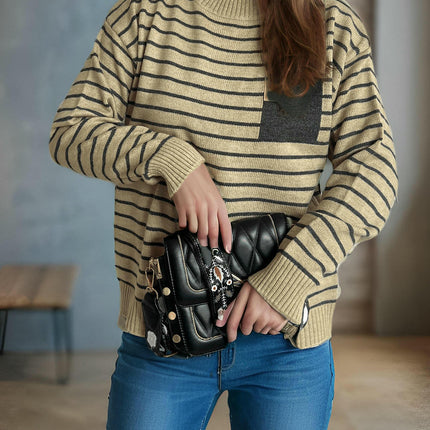 Women's Casual Stitching Striped Sweater Round Neck Long Sleeve Pullover Top