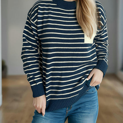 Women's Casual Stitching Striped Sweater Round Neck Long Sleeve Pullover Top