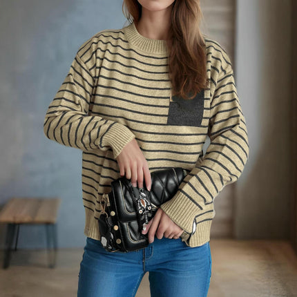 Women's Casual Stitching Striped Sweater Round Neck Long Sleeve Pullover Top