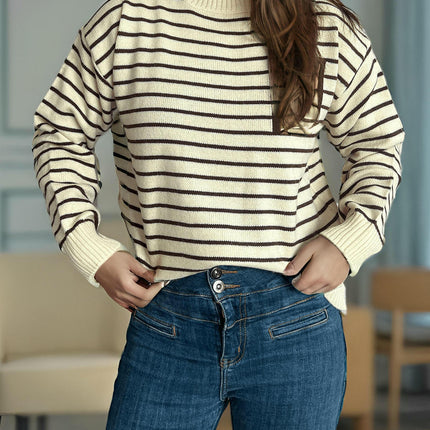 Women's Casual Stitching Striped Sweater Round Neck Long Sleeve Pullover Top