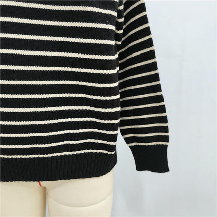 Women's Casual Stitching Striped Sweater Round Neck Long Sleeve Pullover Top