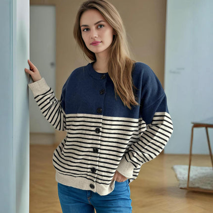 Spliced Striped Cardigan Sweater Women-Spring and Autumn Loose Button Knitted Sweater Jacket