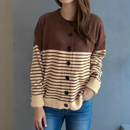 Spliced Striped Cardigan Sweater Women-Spring and Autumn Loose Button Knitted Sweater Jacket