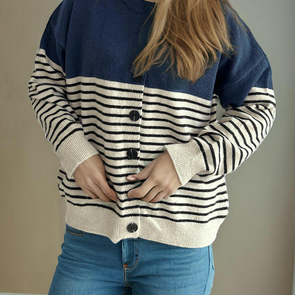 Spliced Striped Cardigan Sweater Women-Spring and Autumn Loose Button Knitted Sweater Jacket
