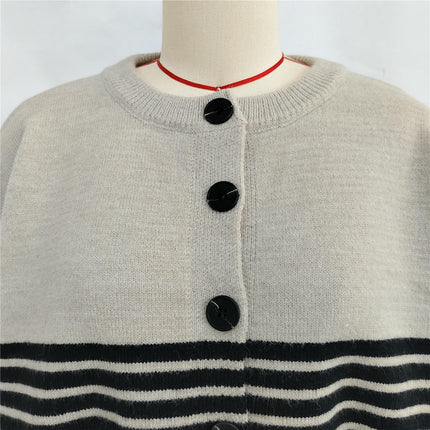 Spliced Striped Cardigan Sweater Women-Spring and Autumn Loose Button Knitted Sweater Jacket