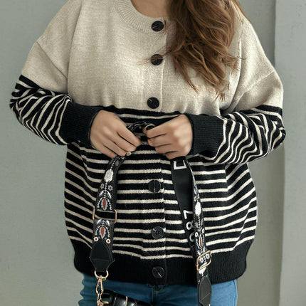 Spliced Striped Cardigan Sweater Women-Spring and Autumn Loose Button Knitted Sweater Jacket